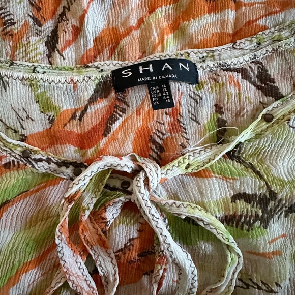SHAN Green Cream & Orange 100% Silk Flare Sleeve Coverup Blouse Size US 12 - Picture 9 of 10